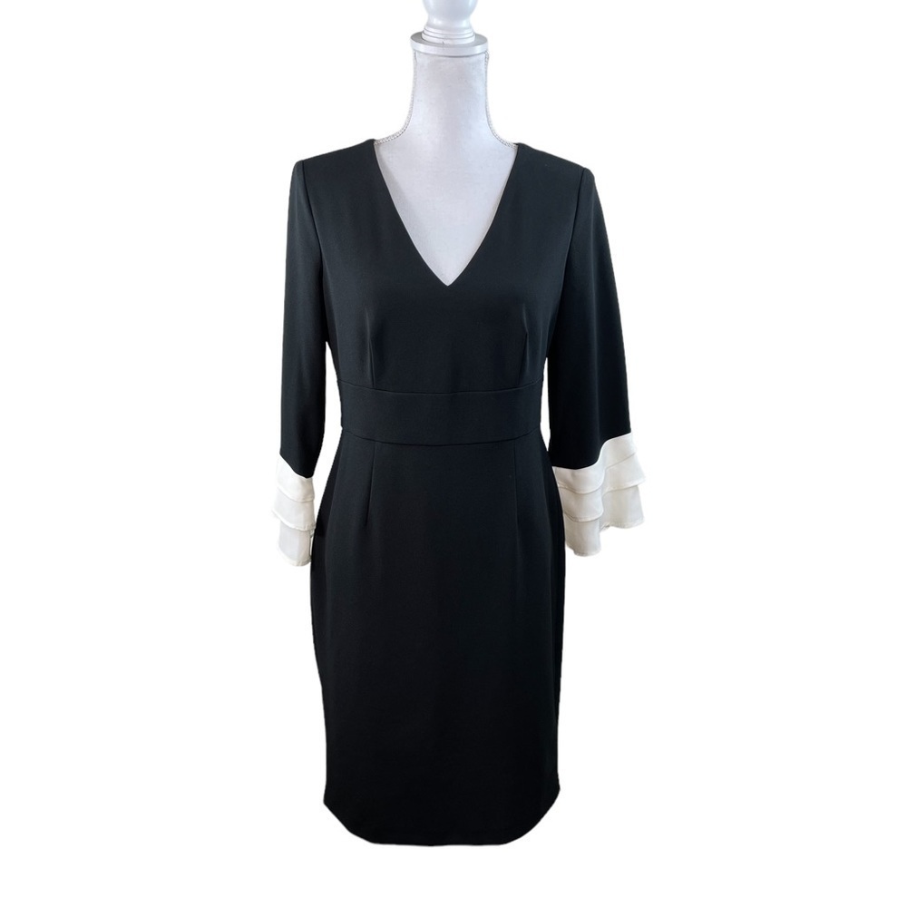 DKNY Black White Bell Ruffled Sheath Dress Formal Office Party Minimalist 8